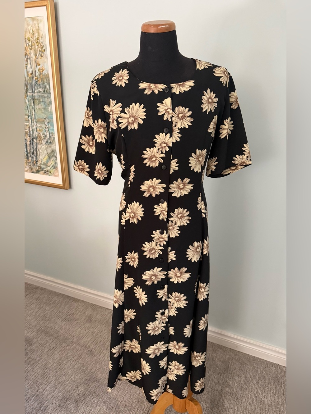 Vintage Angie Strauss Floral Midi Dress – 90s Minimalist Daisy Print XL XXL